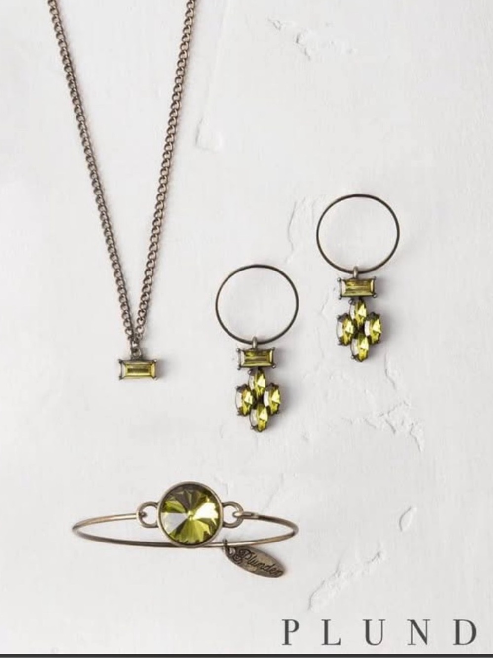 Plunder Design Olive Green Crystal Jewelry Set Necklace, Earrings & Bracelet